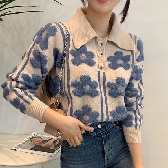 Knit sweater floral dark khaki collar womens top - Picture 8 of 10